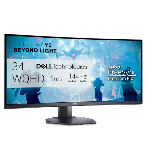 Dell S3422DWG Curved Gaming Monitor - 34 Inch 1800R Curved Screen with 144Hz Refresh Rate, WQHD (3440 x 1440) Display, HDMI, DP to DP 1.4 Cable, AMD FreeSync - Black