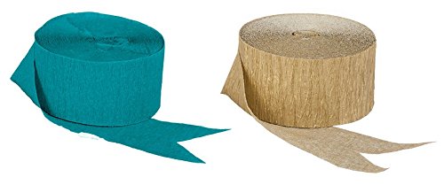 Teal Peacock and Metallic Gold Crepe Paper Streamers (2 Rolls Each)