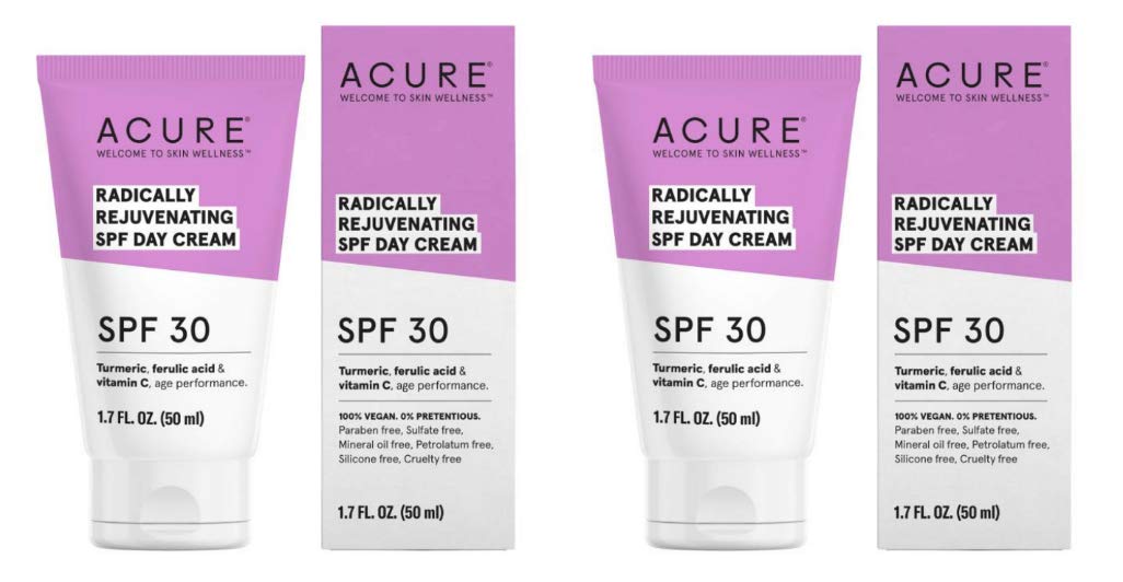 Acure Organics Radically Rejuvenating SPF 30 Day Cream (Pack of 2) With Aloe Vera, Argan, Vitamin C, Shea Butter, Coconut Oil, Turmeric Root and Blue Tansy Flower, 1.7 fl. oz. each