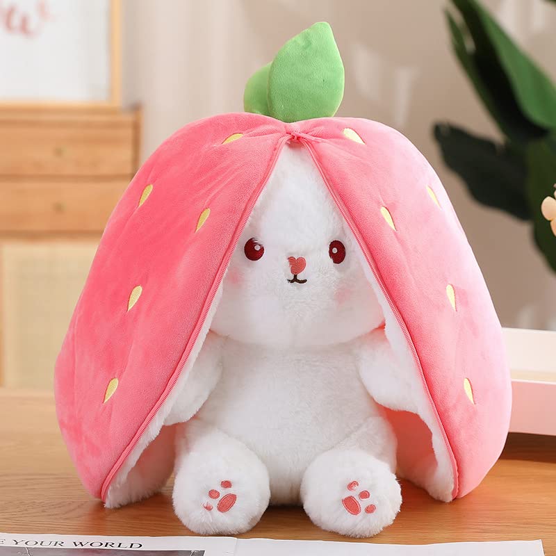 KOWAKA Strawberry Bunny Transformed into Little Rabbit Fruit Doll Plush Toy Carrot Rabbit Plush Doll Girl Kids Birthday Present (Strawberry Rabbit, 18cm)