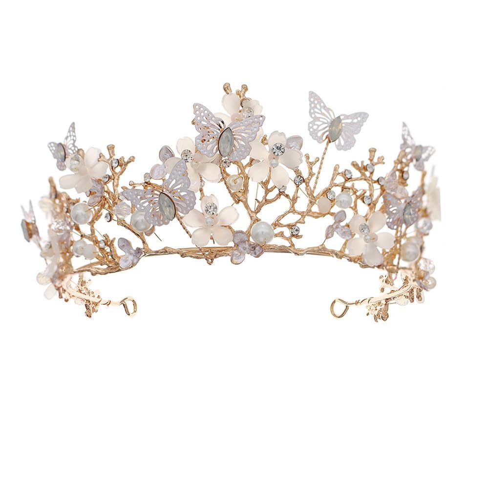 Azonee Bride Fairy Flower Crown Women - Pearl Butterfly Costume Jewelry Sets, Wedding Party White Pearl Flower Headpiece Headwear (Crown)