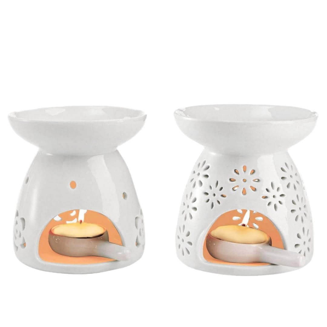 MEETOZSet of 2 Ceramic Tealight Candle Holder, Tealight Wax Warmer with Candle Spoon, Essential Oil Burner Wax Melt Burners, Essential Oil Incense Aroma Diffuser Furnace Home Decoration Romantic