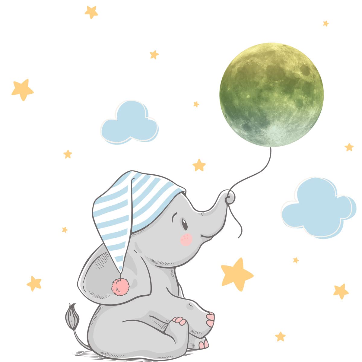 NC Small elephant moon star glow-in-the-dark wall sticker, creative fluorescent, bedroom decoration, children's room decoration, easy to install.