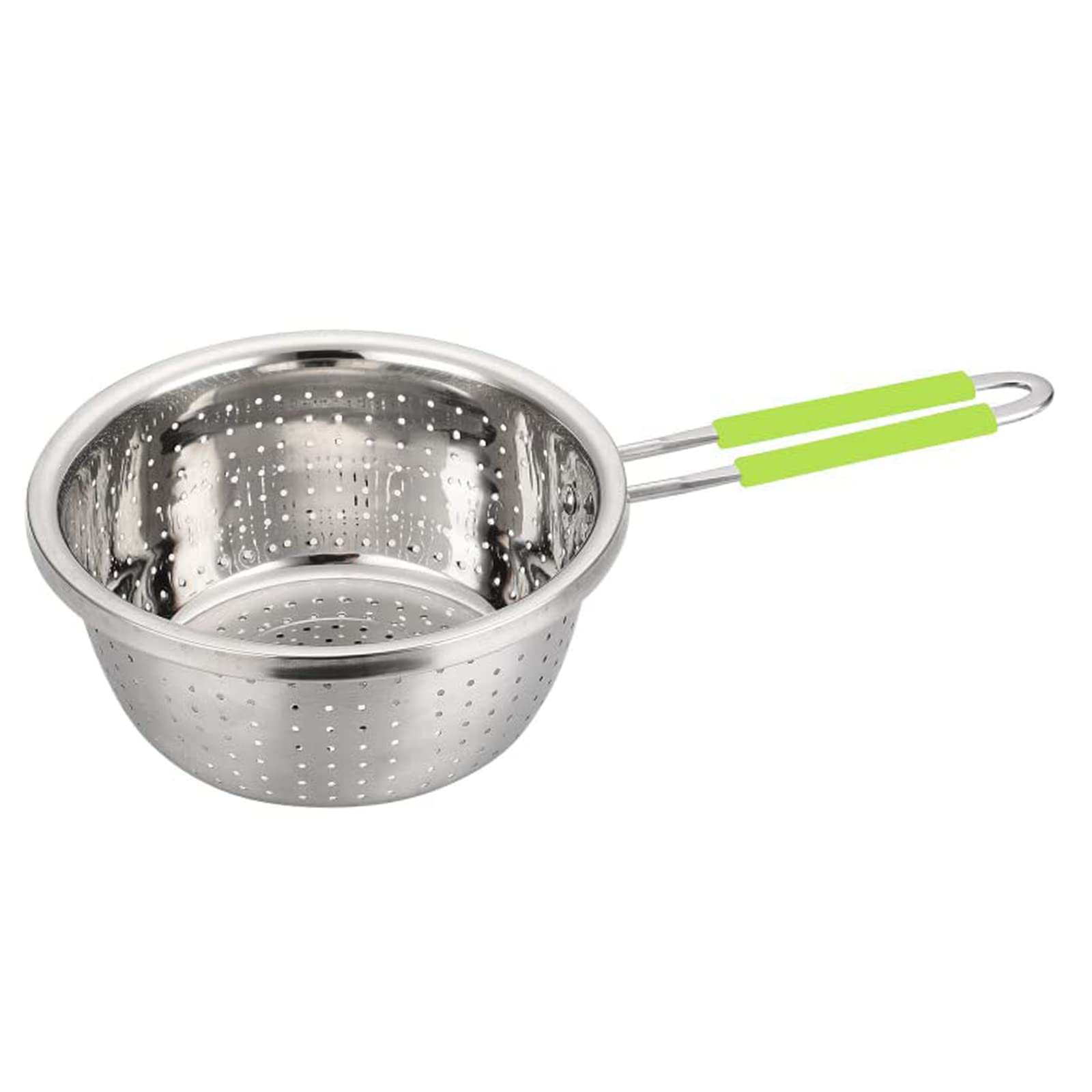 Contiup Stainless Steel Perforated Metal Colander Strainer with Long Green Handle Sieve Sifters Use for Kitchen Food Pasta Noodles Spaghetti Vegetables Silver - 7.9inch