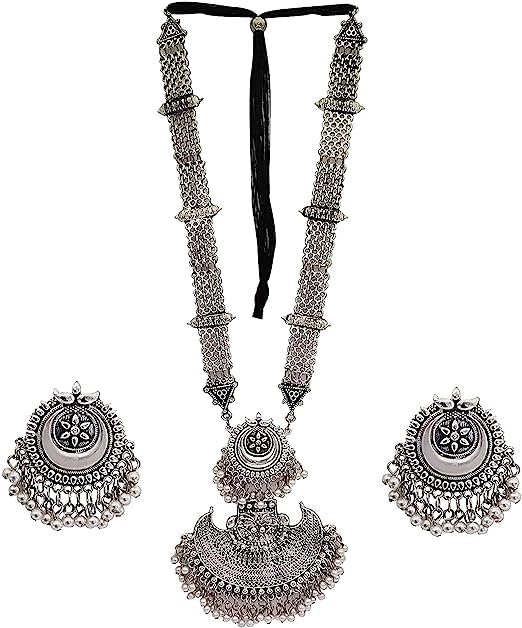 ANDYWARS FASHION JEWELS Indian Oxidized Silver Jewelry Set Ethnic Statement Necklace Traditional Jhumka Earrings Wedding Jewel for Women (ADFBA-NK-2)