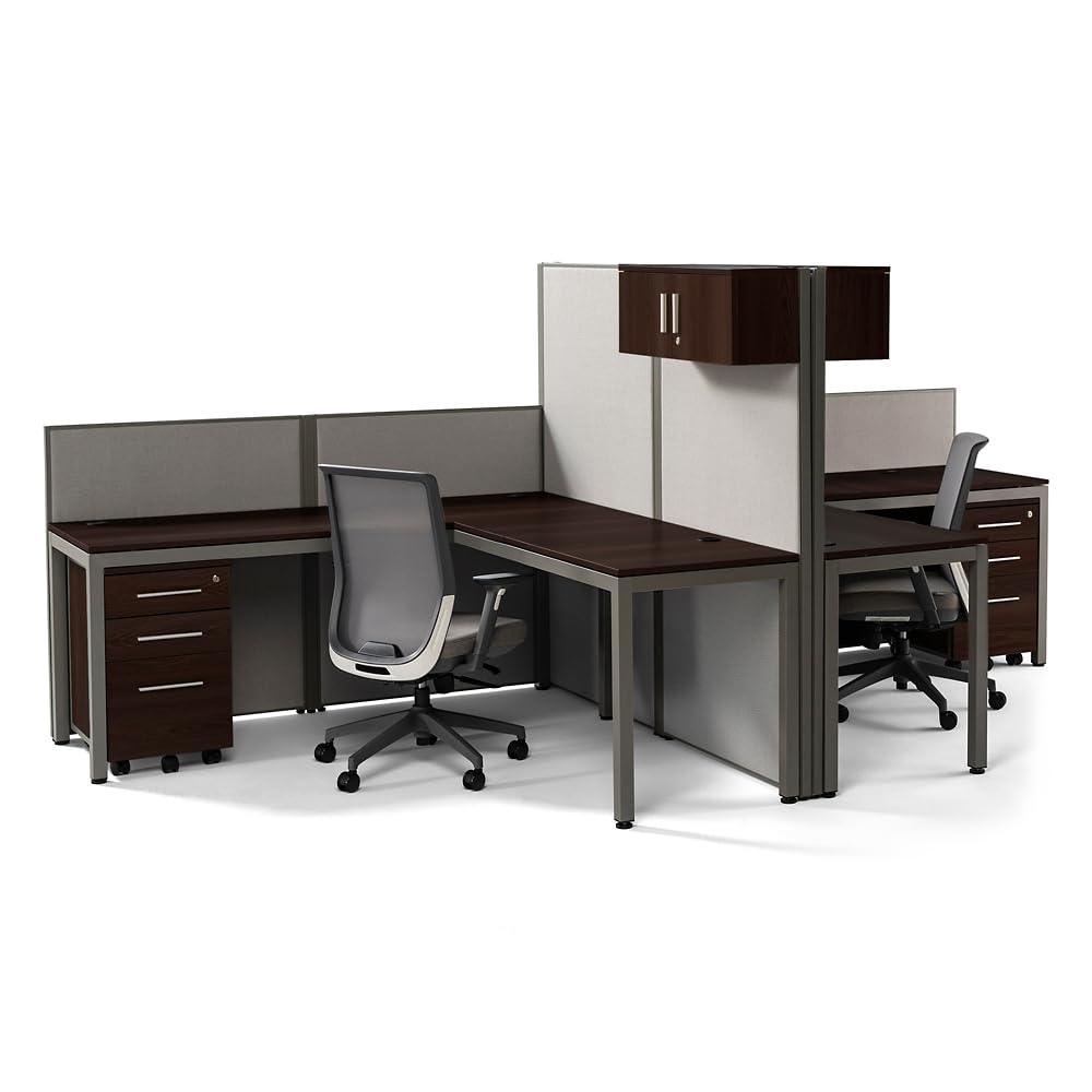 nbf signature seriesat Work Dual L-Shaped Desk Cubicle with Mobile Ped Espresso Laminate/Brushed Nickel Painted Steel Frame/Gray Panel Fabric - Ergonomic Office Desk for