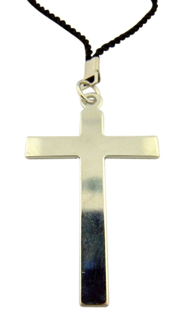 WJH Silver Toned Base Plain Latin Pectoral Cross on Cord Chain, 2 1/2 Inch