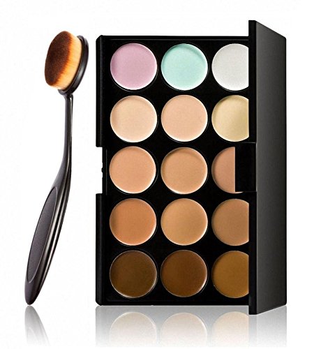 LyDia® 15 Nude Colours Cream Concealer/Highlight/Face Contour Camouflage Palette Dull/Redness Skin/Black Circle kit set #1 + LyDia® Professional Oval Black Face/Eye/Body Cosmetic Foundation/Concealer/Blush/Blusher/Contour/Bronzer/Powder/Eyeshadow Buffer Makeup Brush