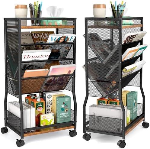 DAOUTIME 8 Tier Rolling Book Cart with Wheels, Mobile Book Storage Cart with 2 Sides Access Bookcase for Narrow Space, Rolling File Organizers and Storage for Home Office Living Room Classroom School