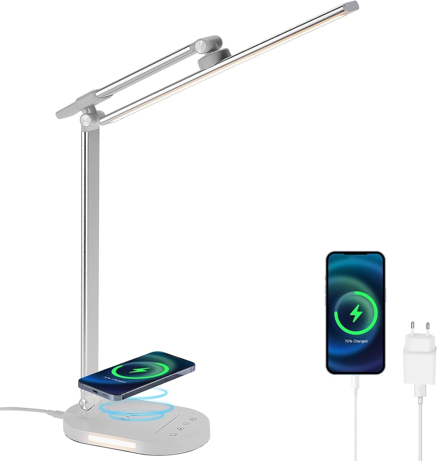 LightessLED Desk Lamp with Cordless Charger, USB Charging Port, 5 Color Modes & 5 Brightness Level, Dimmable Office Desk Light with Touch Control, Auto Timer, Eye-Caring Desk Lamp for Study, White