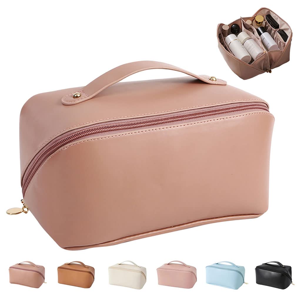 Large Capacity Travel Cosmetic Bag for Women,Makeup Bag Travelling PU Leather Cosmetic Bag Waterproof,Multifunctional Storage Travel Toiletry Bag Skincare Bag, Soft pink