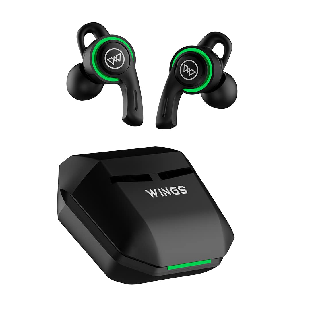 Wings Phantom 200 Wireless Earbuds with LED Battery Indicator, 40ms Low Latency, Bluetooth 5.2, 30 Hours Playtime, DNS Mic with Noise Reduction, IPX5, 13mm Driver Headphones (Black)