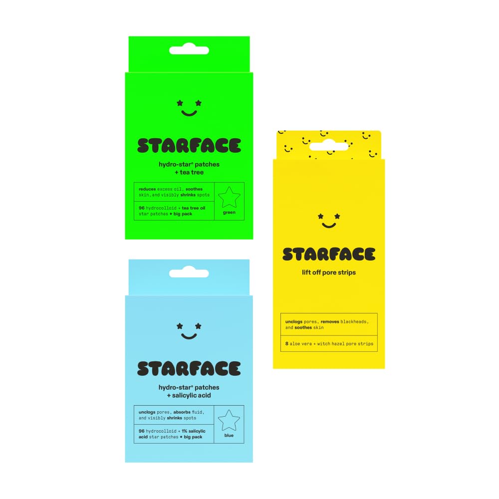 Starface Hydro-Star + Tea Tree Oil Patches Big Pack (96 ct), Hydro-Star + Salicylic Acid Patches Big Pack (96 ct), and Lift Off Pore Strips with Aloe Vera for Blackheads and Clogged Pores (8 ct)