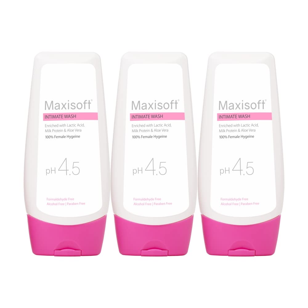 Maxisoft Intimate Wash 100 ml|With Aloe Vera, Glycerine, Licorice, Redberry, Tea Tree Oil & Tulsi |pH 4.5 Balanced| Alcohol Free|Paraben Free (100 ml) (Pack of 3 (100ml X 3))