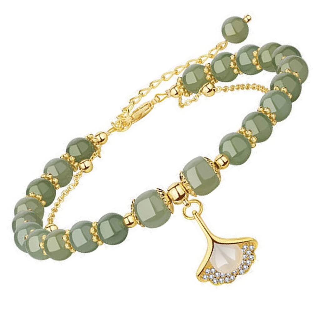 REVHQ Hetian Jade Gold Leaf Bracelet- Fashion Elegant Feng Shui Bracelet for Women Lucky Bracelet, One Size