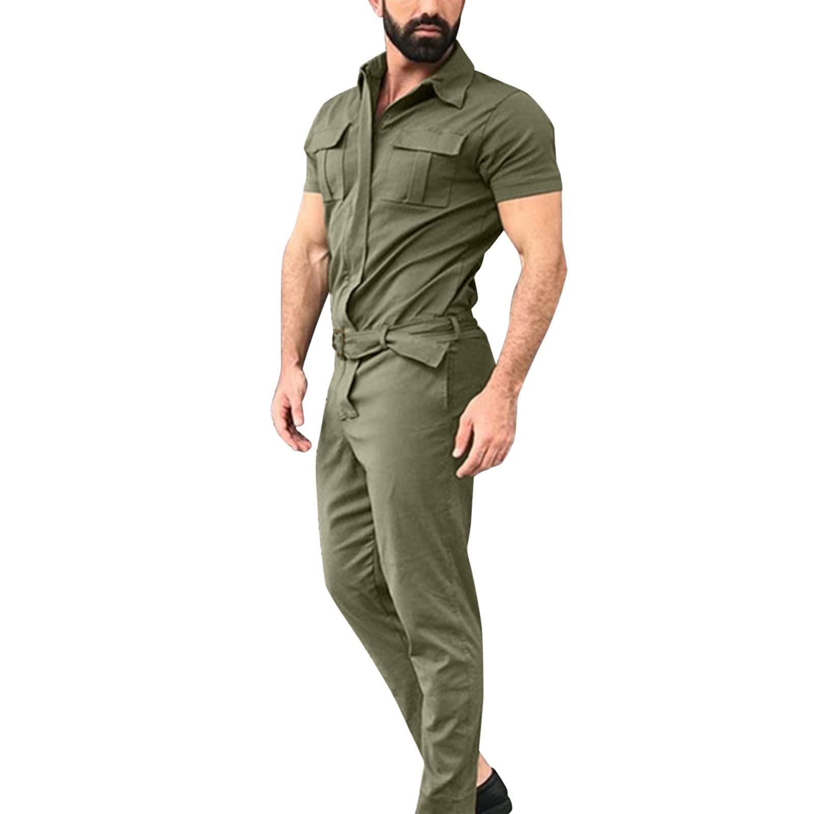 Mens Short Sleeve Cargo Rompers Button Down Summer One Piece Jumpsuits with Pockets Casual Overalls Trousers