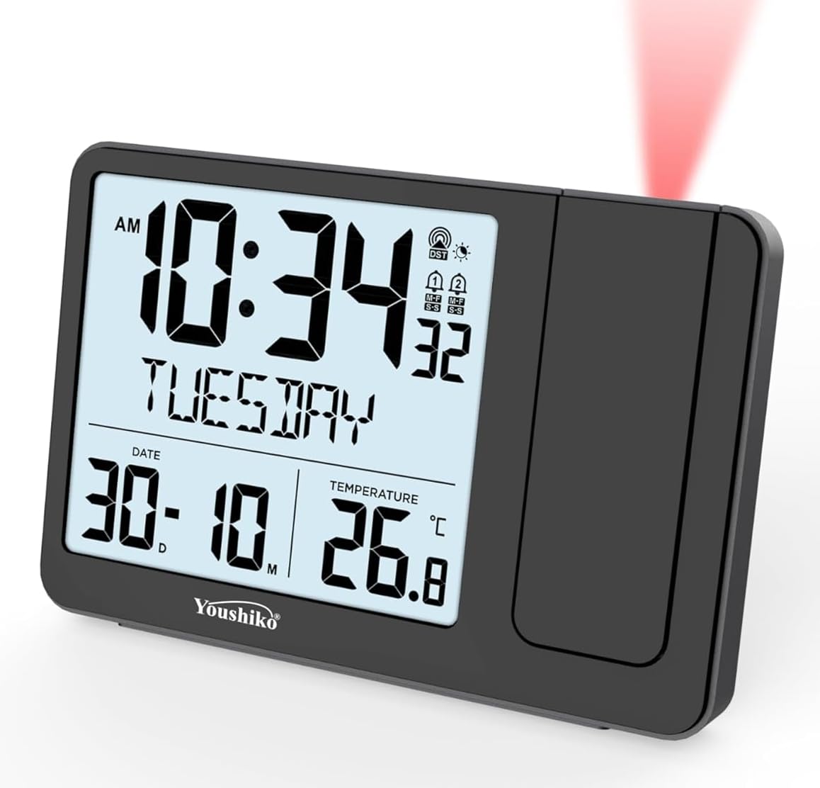 Youshiko Radio Control (Official 2024 MSF UK Version) Projection Alarm Clock, Bedroom Projector Clock Dual Alarms LCD Display Date Time