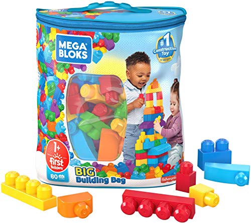 MEGA BLOKS First Builders Toddler Blocks Toys Set, Big Building Bag with 80 Pieces and Storage, Blue, Ages 1+ Years