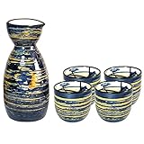 5 Pieces Sake Set 200ml Sake Pot 50ml Sake Cup Set Japanese Traditional Hand Painted Design Porcelain Pottery Ceramic Cups Crafts Wine Glasses (Blue Wise)