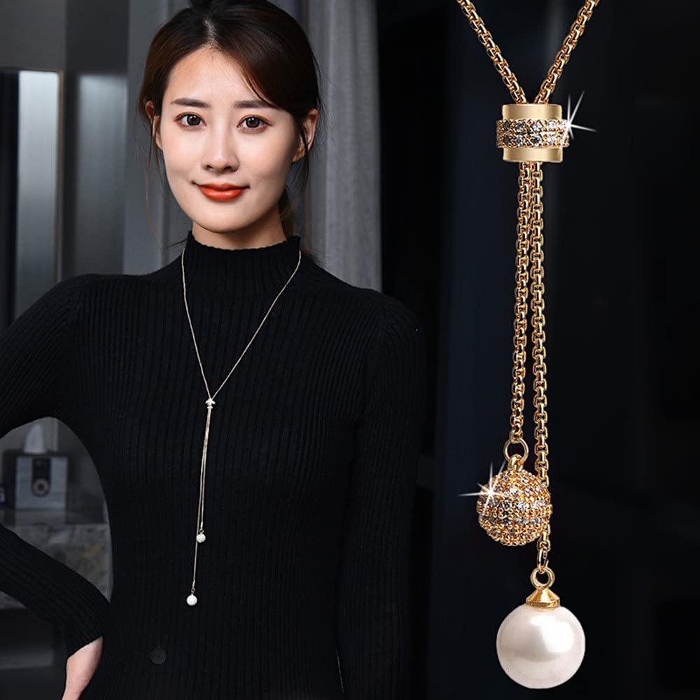 Pearls Tassel Necklace for Women Long Pearls Necklace Gold Sweater Chain Necklace Wedding Dressy Necklace Jewelry for Winter Evening Party Christmas Gift