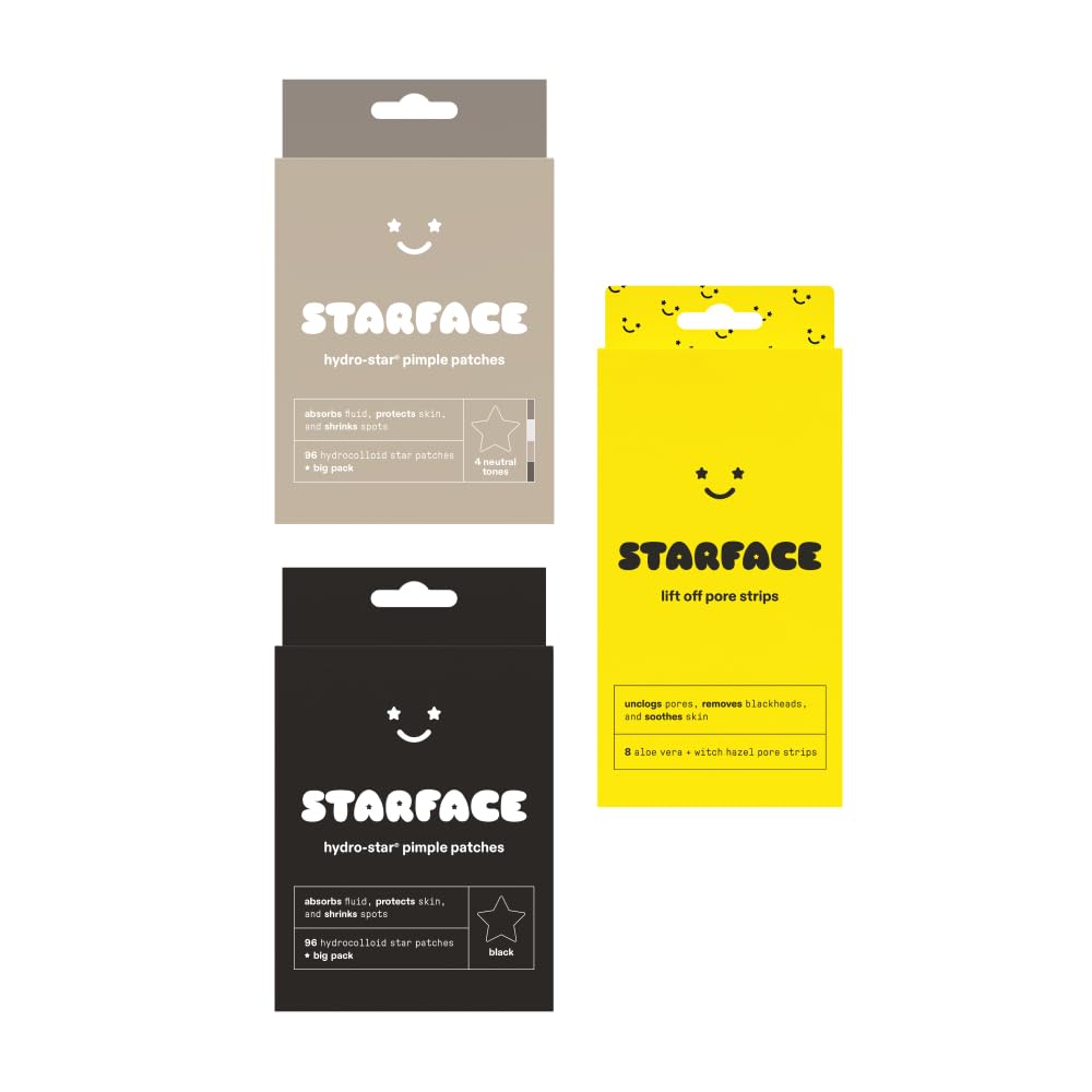 Starface Black Star Hydrocolloid Pimple Patches Big Pack (96 ct), Lift Off Pore Strips for Blackheads and Clogged Pores (8 ct), and Earth Star Hydrocolloid Pimple Patches Big Pack (96 ct)