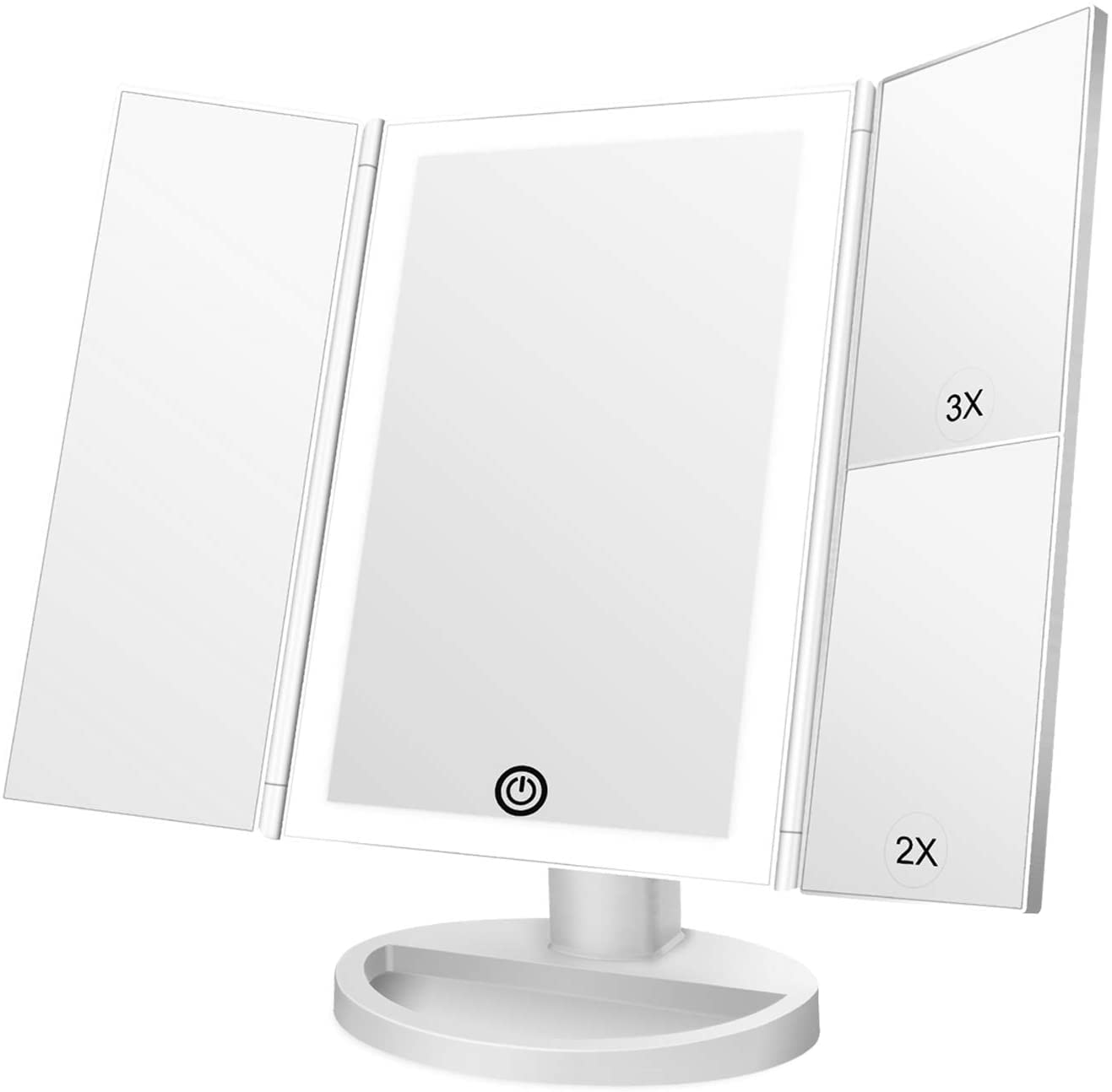 HausFine Tri-Fold Lighted Vanity Mirror with 21 LED Lights, Touch Screen and 3X/2X/1X Magnification, Two Power Supply Modes Make Up Mirror,Travel Mirror (White)