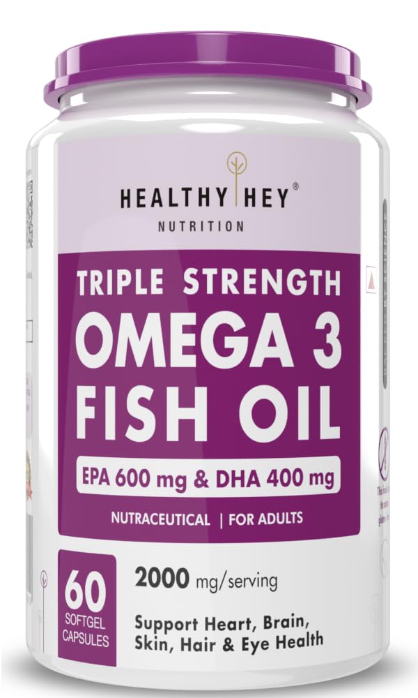 HealthyHey Nutrition Fish Oil Omega 3 60 Softgel For Women and Men | Triple Strength Fish Oil | Burpless, EPA 600 - DHA 400 Supplement