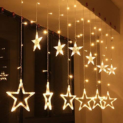 Fly 12 Stars 138 LED Curtain String Lights, Window Curtain Lights with 8 Flashing Modes Decoration for Christmas, Wedding, Party, Home, Patio Lawn Warm White (138 LED - Star)