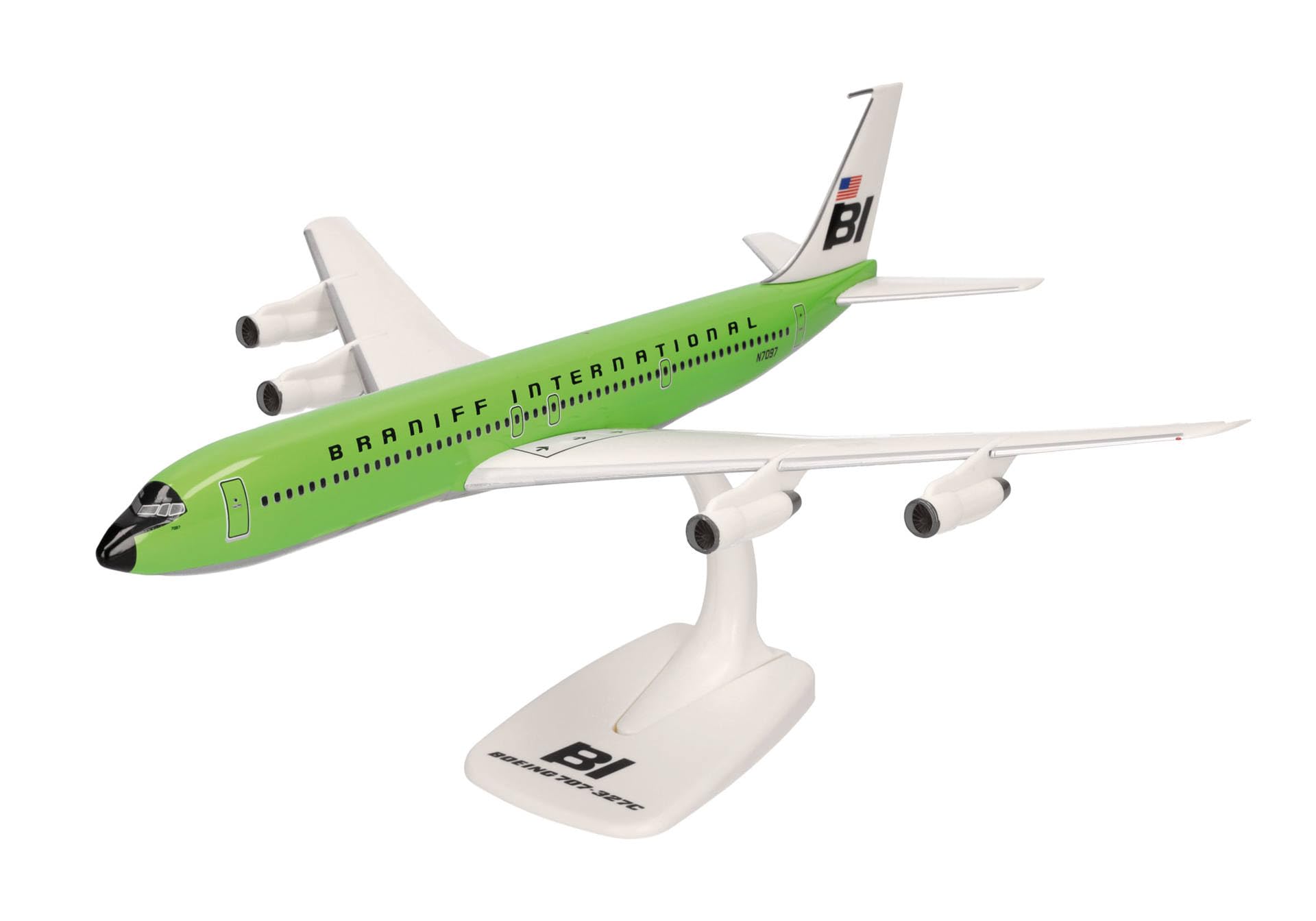 Herpa Snap-fit Airplane Model Boeing 707-300 Braniff on Scale of 1:144, Plastic Miniature with pedastal, Model Building, Collectors Edition, Colour: Lime Green