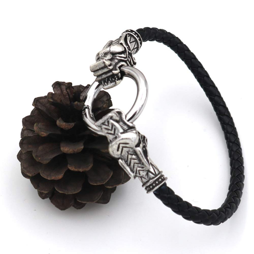 Viking Men's Braided Leather Bracelet, Norse Stainless Steel Dragon Head Buckle Antique Bangle Jelwerly Beads Bracelet Antique Black Handmade (Size : 25cm)