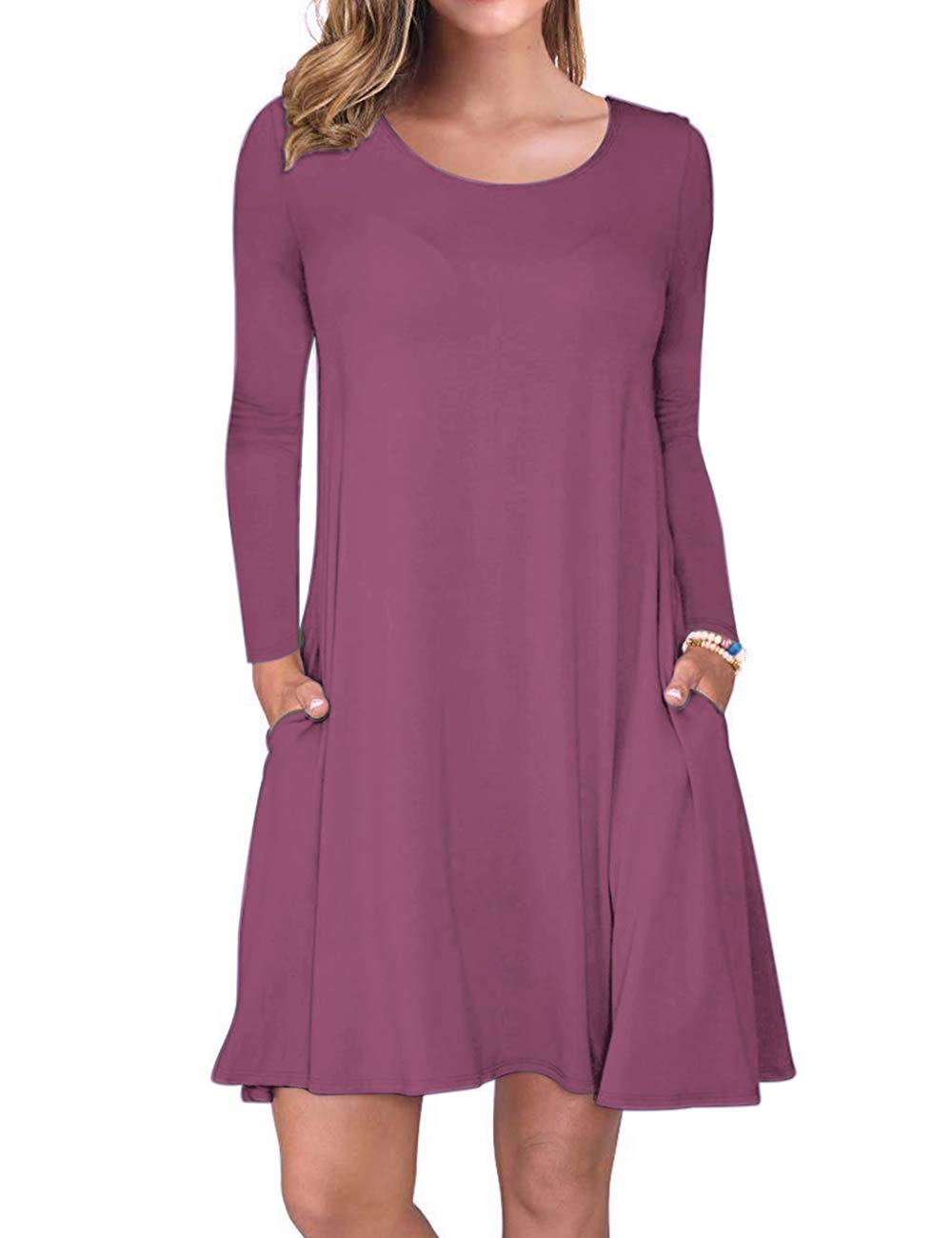 AUSELILYWomen's Long Sleeve Pockets Casual Swing T-Shirt Dresses, 01-mauve, M