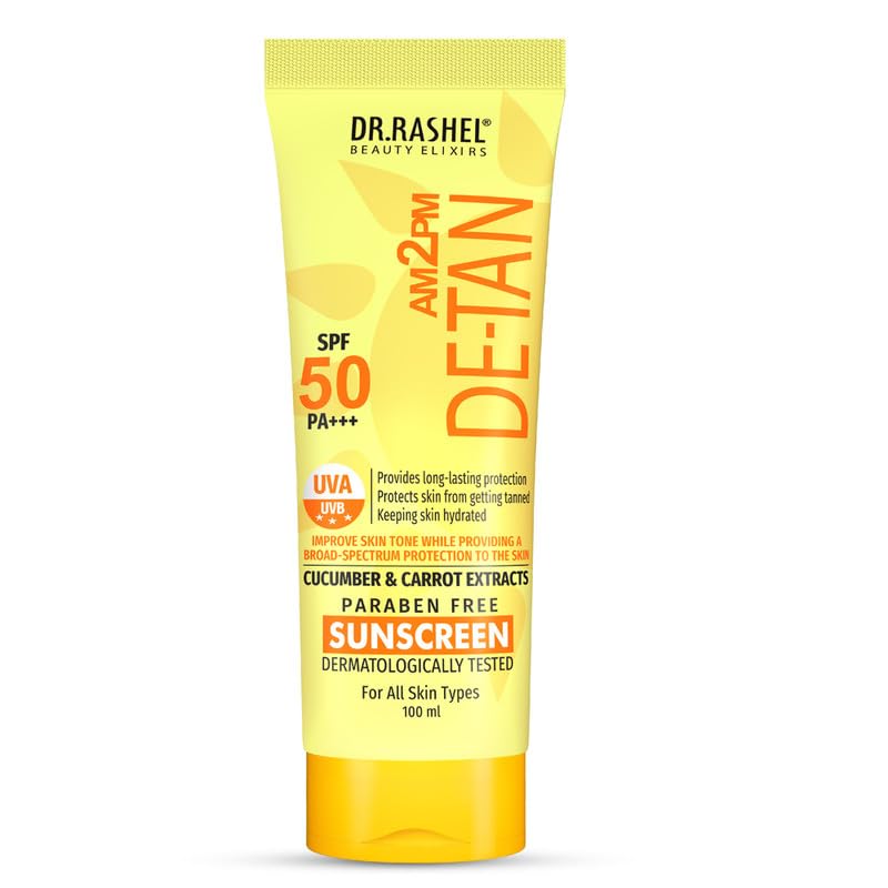 DR.RASHEL De -Tan Sunscreen SPF 50 PA+++ Cream Ultra Hydrating Protects Your Skin From UV Rays With Matte Look Oil Control For Normal to Oily Skin Cucumber & Carrot Extract – 100 ML