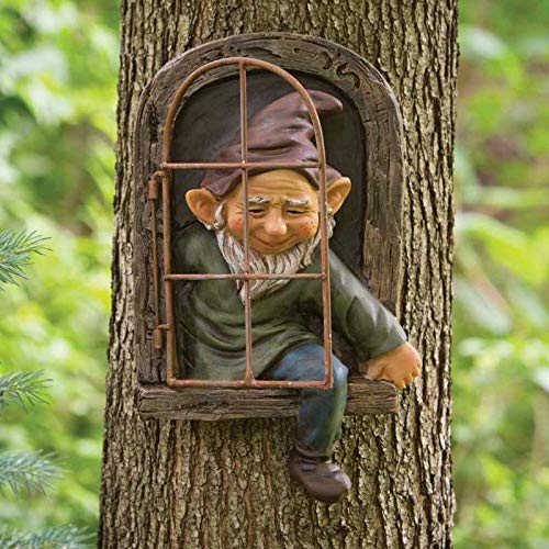 AGDLLYDGarden Gnome Statue,Gnome Tree Window,Elf Out the Door,Resin Garden Figurines,Tree Huggers Garden Decor,Fairy Garden Ornaments Outdoor,Whimsical Tree Sculpture Garden Decoration