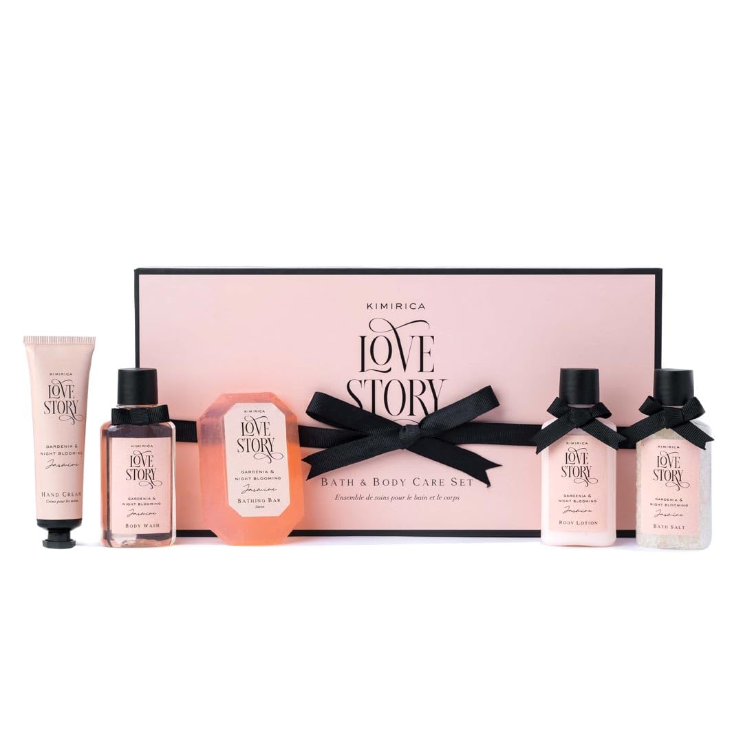 Kimirica Love Story Experience Set with Bath Salt, Body Wash, Body Lotion, Bathing Bar and Hand cream Pack of 5 | Luxury Bath and Body Care