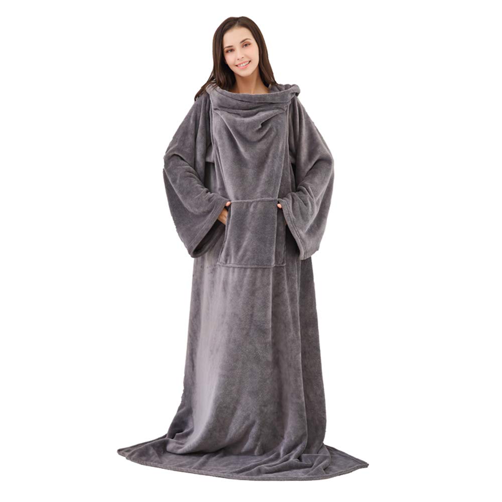 lijunjp Super Soft Warm Comfy Large Fleece Plush Wrap Robe Wearable Blanket with Sleeves for Adult