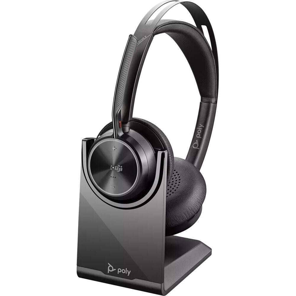 PolyVoyager Focus 2 UC USB-A Headset with Stand (Plantronics) - Bluetooth Dual-Ear (Stereo) Headset with Boom Mic - USB-A PC/Mac Compatible - Active Noise Canceling - Works with Teams, Zoom & more