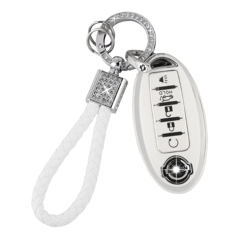 PIFOOG Car Key Cover for Nissan 5 Buttons Keys Fob Case TPU Bling Keychain for Nissan Altima Sentra Rogue Pathfinder Murano Armada Maxima Versa Girly Women White Silver