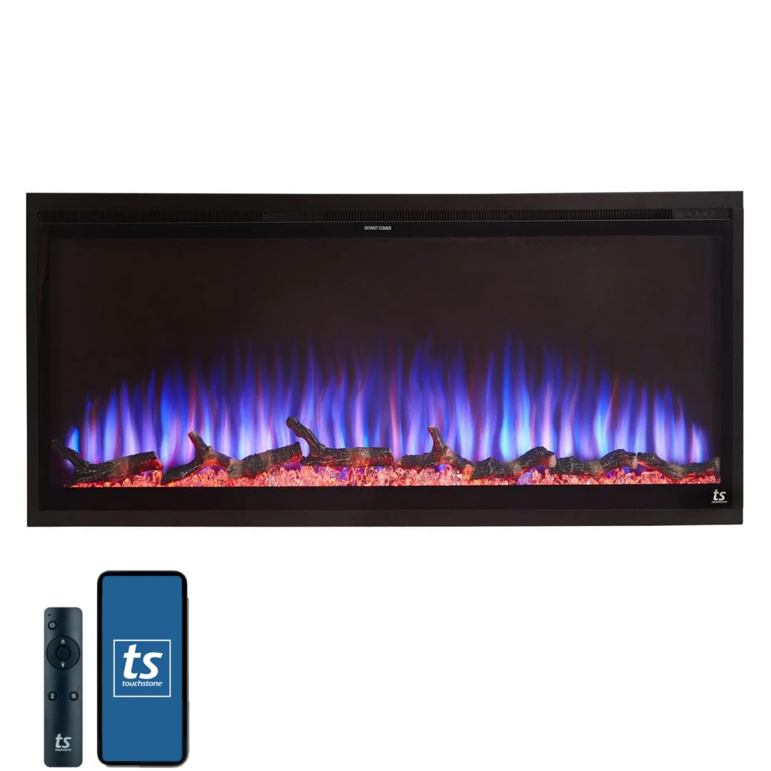 Touchstone Sideline Elite Smart Electric Fireplace - Alexa®/WiFi Enabled- 42 Inch Wide - in Wall Recessed - 60 Color Combinations - Heater (68-88°F Thermostat) - Black - Log, Crystals, and Driftwood