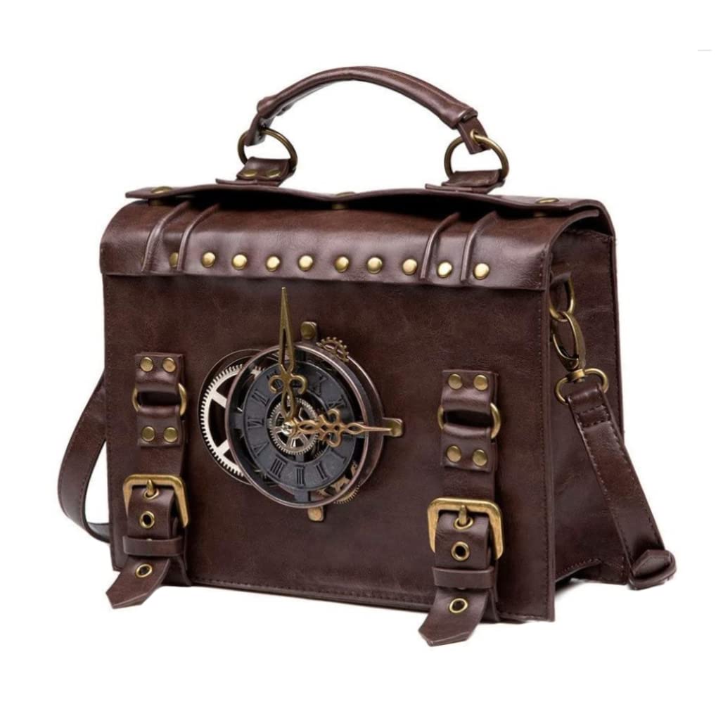 HemoreSteampunk Backpack, Women's Gothic PU Leather Handbag with Retro Clock Decoration, Vintage Satchel Messenger Bags, Middle Ages Crossbody Handbag for Laptop Briefcase