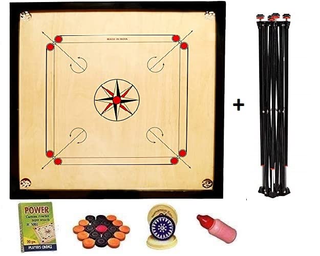 TS PlayyPresents Premium 32-Inch Carrom Board with Stand – Superior Matte Finish, Ideal for Professional Practice | Includes Coins, Striker, and Powder | Beige & Black