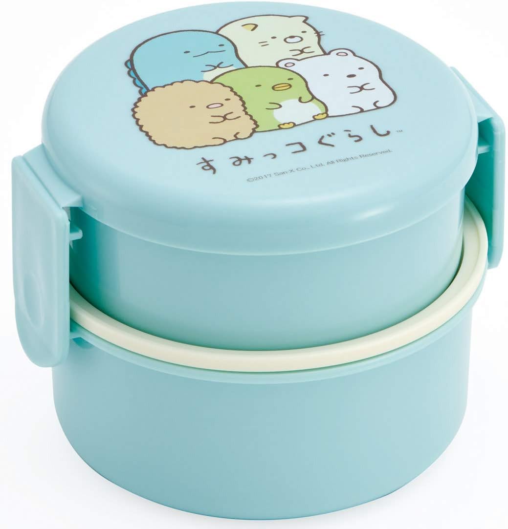 SkaterSumikkogurashi 2 Tier Round Bento Lunch Box with Folk (17oz) - Authentic Japanese Design - Microwave Safe - Blue