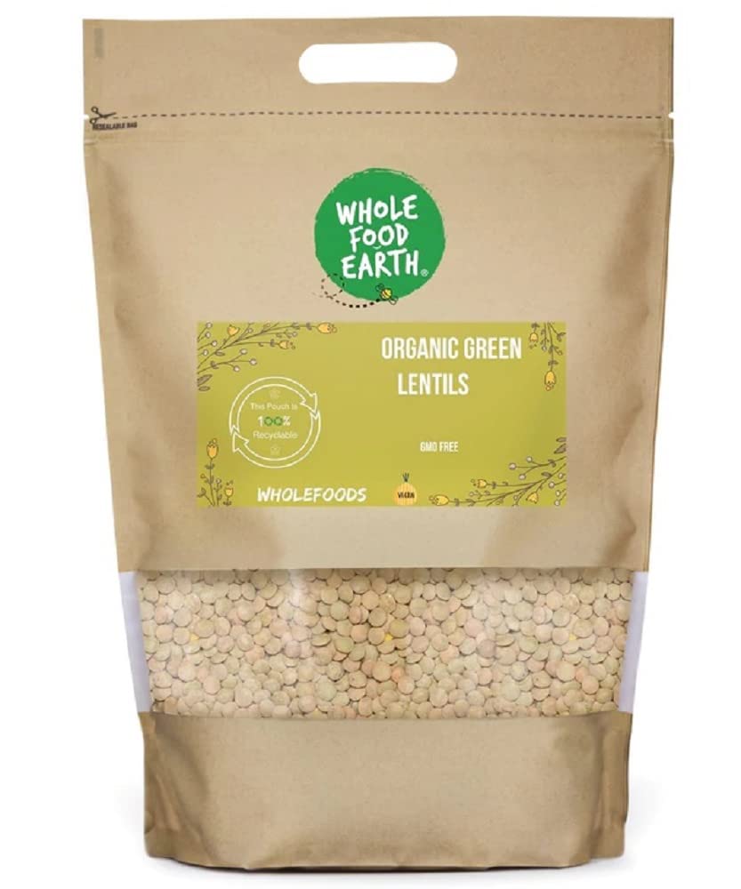 Wholefood Earth Organic Green Lentils 1kg GMO Free | Vegan | High Fibre | High Protein | Certified Organic