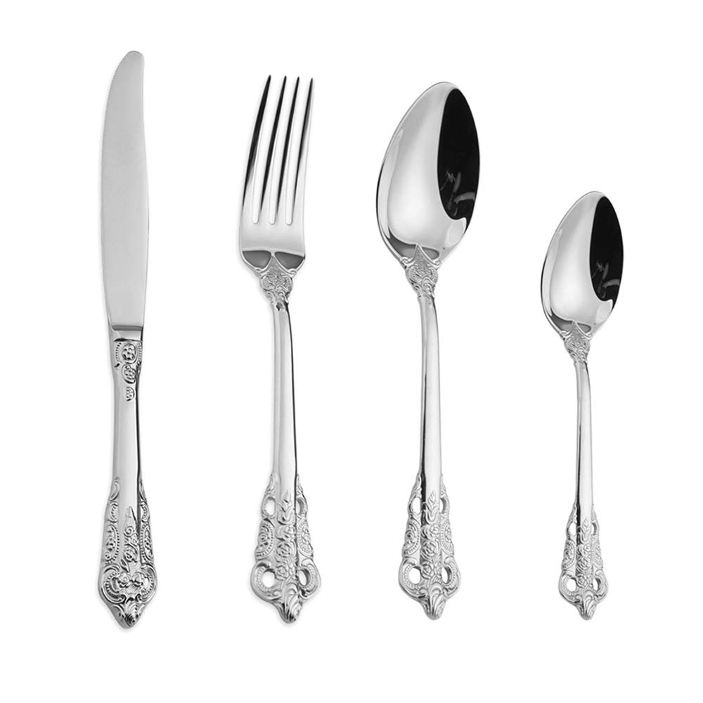 WuLun Stainless Steel Cutlery Set Baroque 4-Piece with Knife, Fork, Spoon, Coffee Spoon, Antique Royal Style, Dishwasher Safe