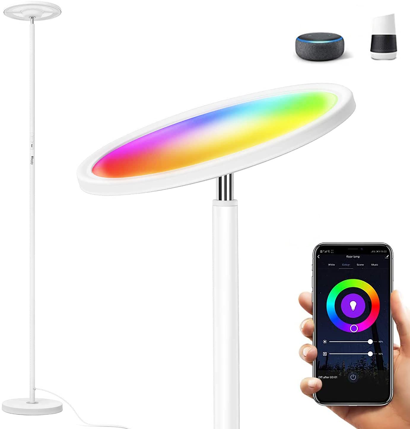 BESTY HOMESmart Floor Lamp, 2000LM Bright RGBW Smart WiFi LED Floor Lamp 25W for Reading, Dimmable Torchiere, for Living Rooms Bedrooms, for DIY, Compatible with Alexa & Google Home (Snow White)