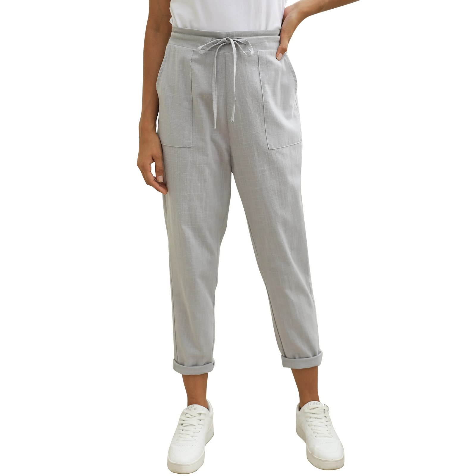 Womens Tapered Pants Cotton Linen Drawstring Back Elastic Waist Pants Casual Trousers with Pockets Light Gray