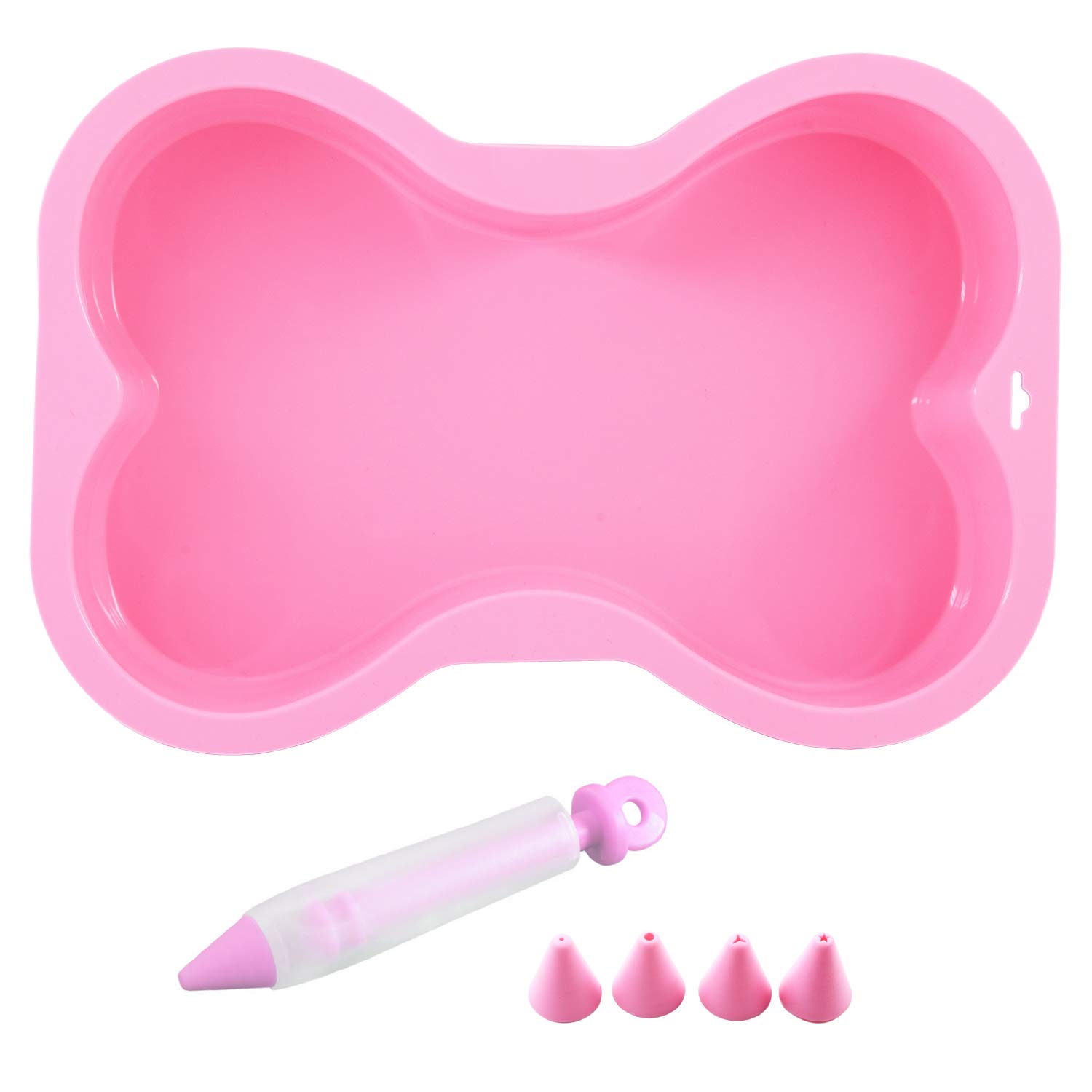 Dog Birthday Cake Mold Silicone Bone Shape Cake Pan with Decorating Pen (Pink)