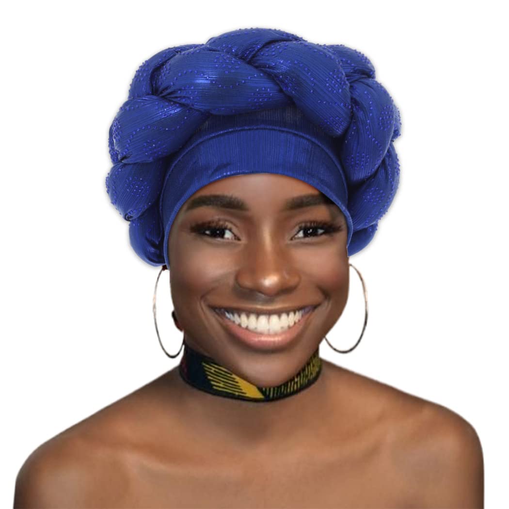 WoeoeAfrican Turban Head Wrap Navy Blue Braid Beanie Cap Headwear Crystals Twisted Head Turbans for Women and Girls