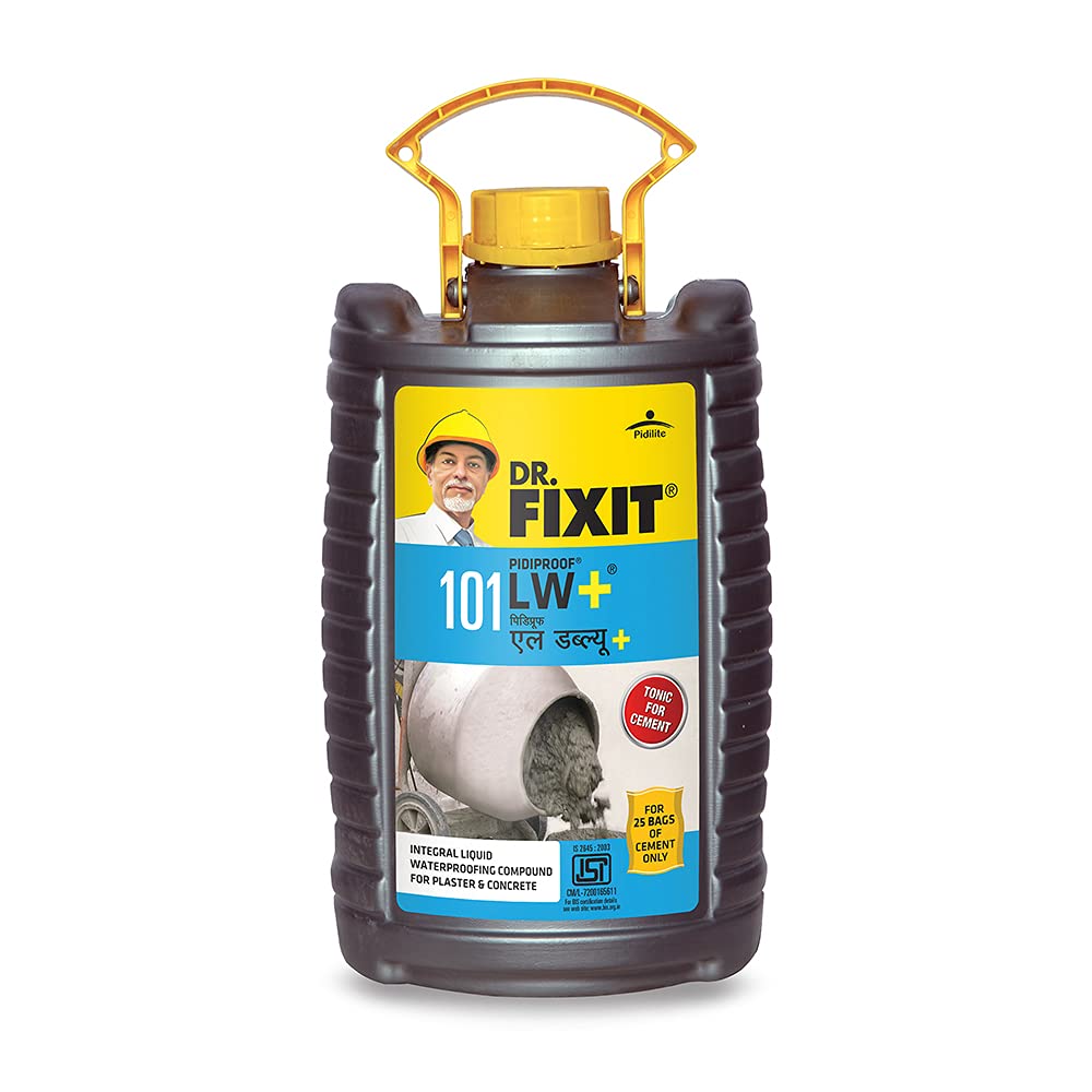 DR. FIXIT PIDIPROOF LW+, 5 litre, Cement Tonic, Integral Liquid Waterproofing Compound for Concrete and Plaster, Reduces Shrinkage Crack Development(200ml for 1 Cement Bag)