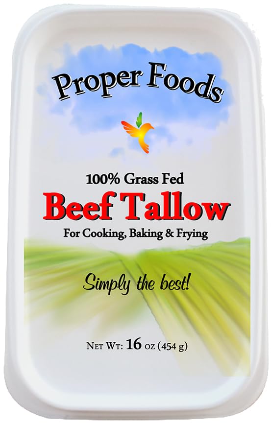 Proper Foods 100% Grass-Fed Beef Tallow - Pasture Raised - For Cooking, Baking & Frying - 16 oz