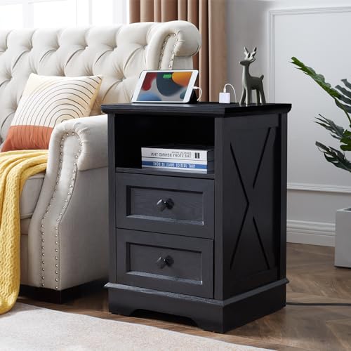 LDTTCUK 2 Drawer Dresser for Bedroom,Small Dresser with Charging Station, Small Farmhouse Dresser Chest of Drawers Closet Organizers, End Table/Nightstand for Bedroom, Living Room, Black